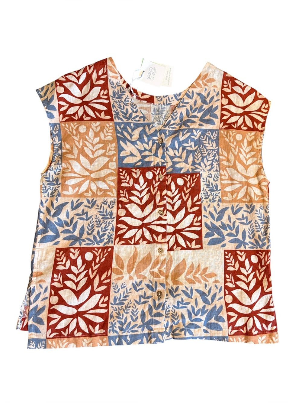 NWT Sigrid Olson 100% Linen Top Floral Leaf Print Button Back Boho Lagenlook